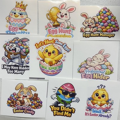 9pc Easter Sticker Pack Funny Bunny Egg Hunt Vinyl Stickers Kids Basket Fillers