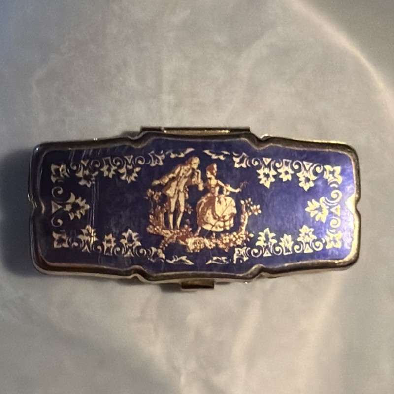 Japanese Decorative Pill Box Blue Gold Ornate Metal Porcelain Divided Interior