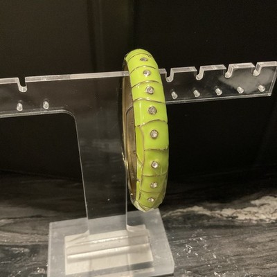 Sequin Brand Lime Green Enamel Gold Tone Clear Rhinestone Bangle Bracelet Hinged