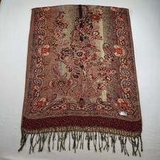 100 Pashmina Shawl 67.5 x 27 Red Orange Gold Shimmer Jacquard Paisley Fringe