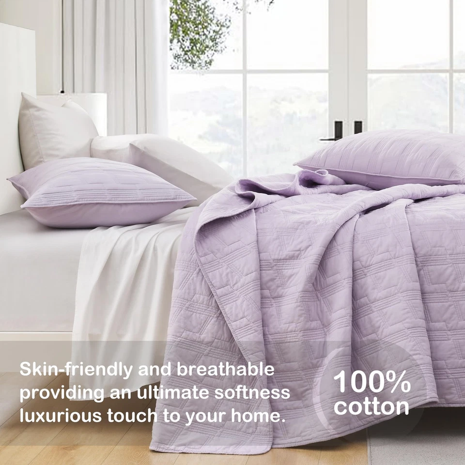 King Size 100% Cotton Quilt Set, Lavender 3-Piece Bedspread with Shams - Image 4 of 4