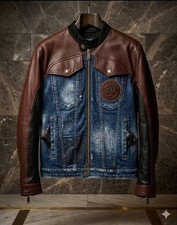 DSQUARED2 Leather & Denim Combo Jacket Lion E...