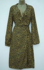 PRETTYLITTLETHING MUSTARD ANIMAL PRINT LONG SLEEVE WRAP MIDI TEA DRESS SIZE 16