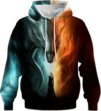 3D Dragon Fire and Ice Hoodie Fantasy Warrior Print Pullover Sweatshirt Unisex