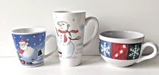 3 Christmas Mugs Coffee Tea Cocoa  1 is Gibson Santa Snowman Snowflake Candy