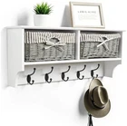 Wall Mounted Coat Rack White Shelf with 2 Grey Wicker Baskets & 5 Double Hooks