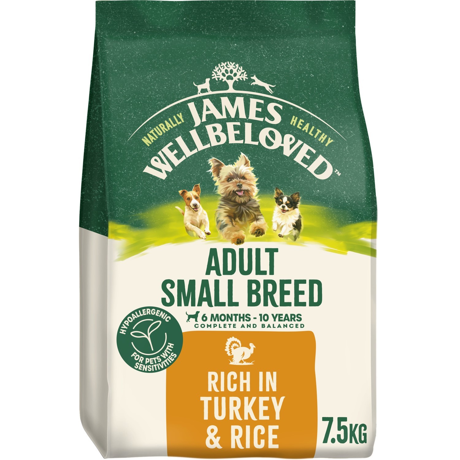 7.5kg James Wellbeloved Adult Small Breed Dry Dog Food Rich in Turkey & Rice