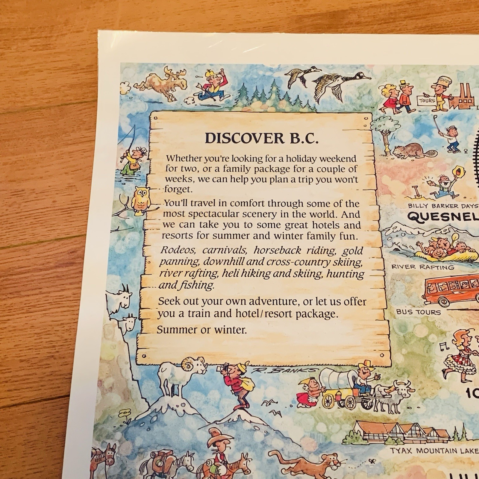 Adventures By BC Rail Cartoon Map Poster Vintage Tourism British Columbia Canada