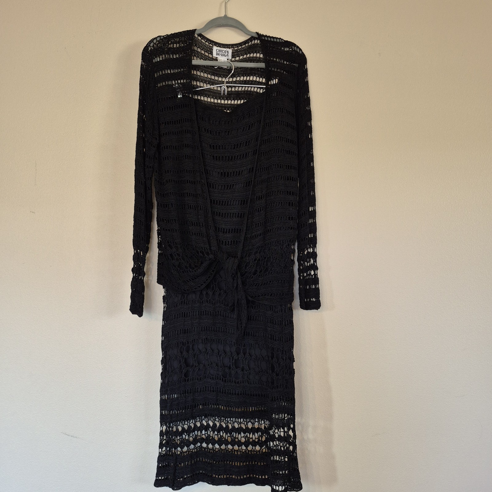 Chico’s Design Black Crochet Maxi Dress Set Tie Front Long Sleeve  Size 3 Boho
