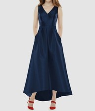 Alfred Sung Women's Blue Satin V-Neck Sleeveless Belted Gown Dress Size 6