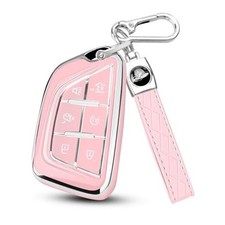 for Cadillac Key Fob Cover with Keychain Soft TPU 6-Buttons Chrome/Pink