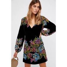 New FREE PEOPLE Misha Burnout Velvet Floral Mini Dress $128 SMALL Black