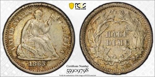 5c 1865-S Seated Liberty Half Dime PCGS AU50 RARE CIVIL WAR *  AvenueCoin