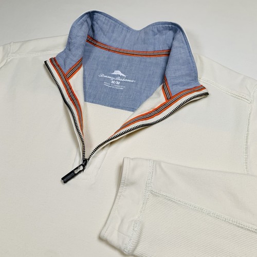 Tommy Bahama 1/4 Zip Pullover Mens M Ivory LS Mock Neck Stretch Knit Sweater