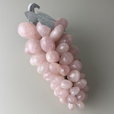Vintage Rose Quartz Grapes Cluster Sculpture Silver Tone Leaves Heavy Stone 8"