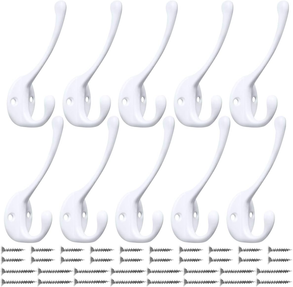 10 Heavy Duty Dual Coat Hooks Wall Mounted Retro White with Screws