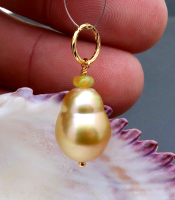 RARE AA+ SOUTH SEA GOLD CULTURED PEARL & WELO OPAL 24k GOLD VERMEIL PENDANT