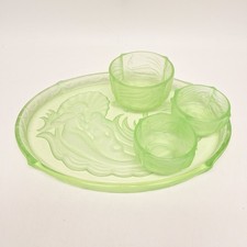 Vintage Art Deco Green Uranium Glass Nymphen Pattern Vanity Tray Bowls Mermaid