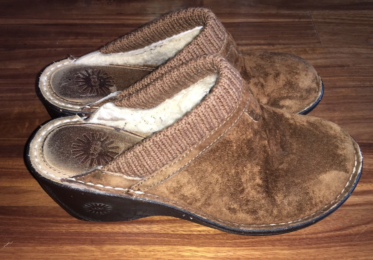 UGG SHOES Brown SUEDE SLIP ON MULES CLOGS SHEARING FUR LINED 8 M 1001934