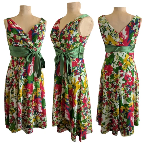 Evan-Picone (10) Ruffle Faux Wrap Floral Midi Dress Green Garden Party Coquette
