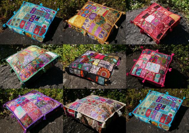 22" Square Patchwork Large Indian Floor Cushion Decorative Ethnic Pillow Covers
