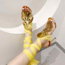 Sandali donna tacco 10 cm giallo lacci schiava comodi pelle sintetica 31217