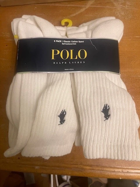 Polo Ralph Lauren Men's White Classic Sport Crew Socks 6-Pack Blue Pony (10-13)