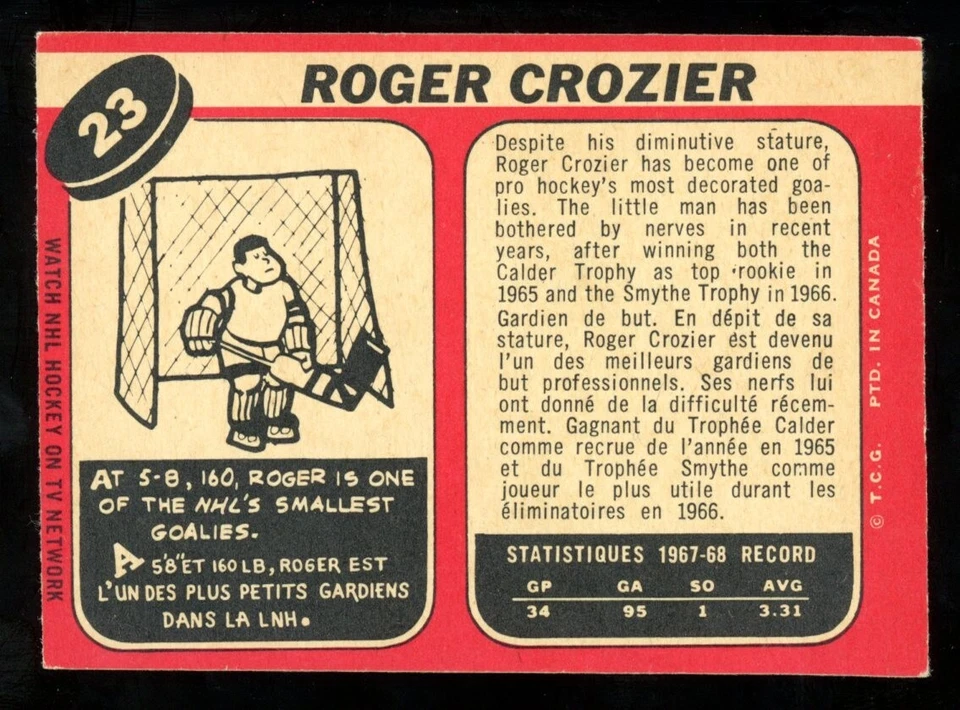1968-69 OPC O PEE CHEE NHL HOCKEY #23 ROGER CROZIER EX-NM DETROIT REDWINGS Card - Image 2 of 2