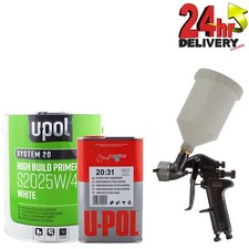 U-Pol S2025+S2031 5 Litre WHITE Primer Extra Fast Hardener +Duren 1.8mm Spraygun