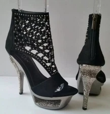 PLEASER Day & Night Sz 7 Or 37 Black Rhinestone Zip Heel Booties Dancer Fetish