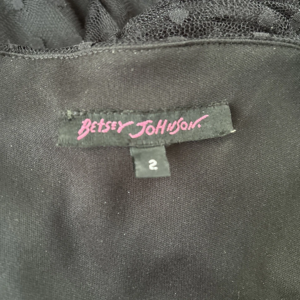 Vestido flare Betsey Johnson vintage renda manga longa bolinhas ajuste preto anos 90 2 - Imagem 3 de 4
