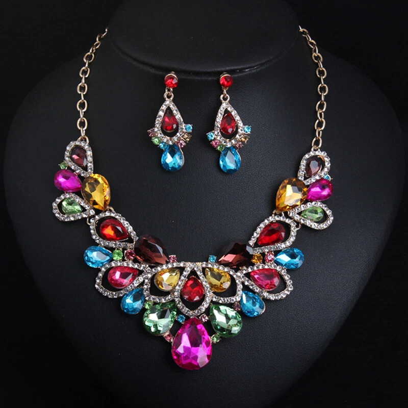 Multi Color Crystal Choker Necklace Earrings Party Bridal Wedding Jewelry Set
