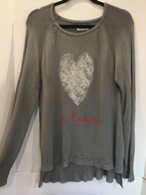 LAUREN MOSHI BEVERLY HILLS Sweater Je t’adore HEART Steel Gray Knit M Hi  Low LS