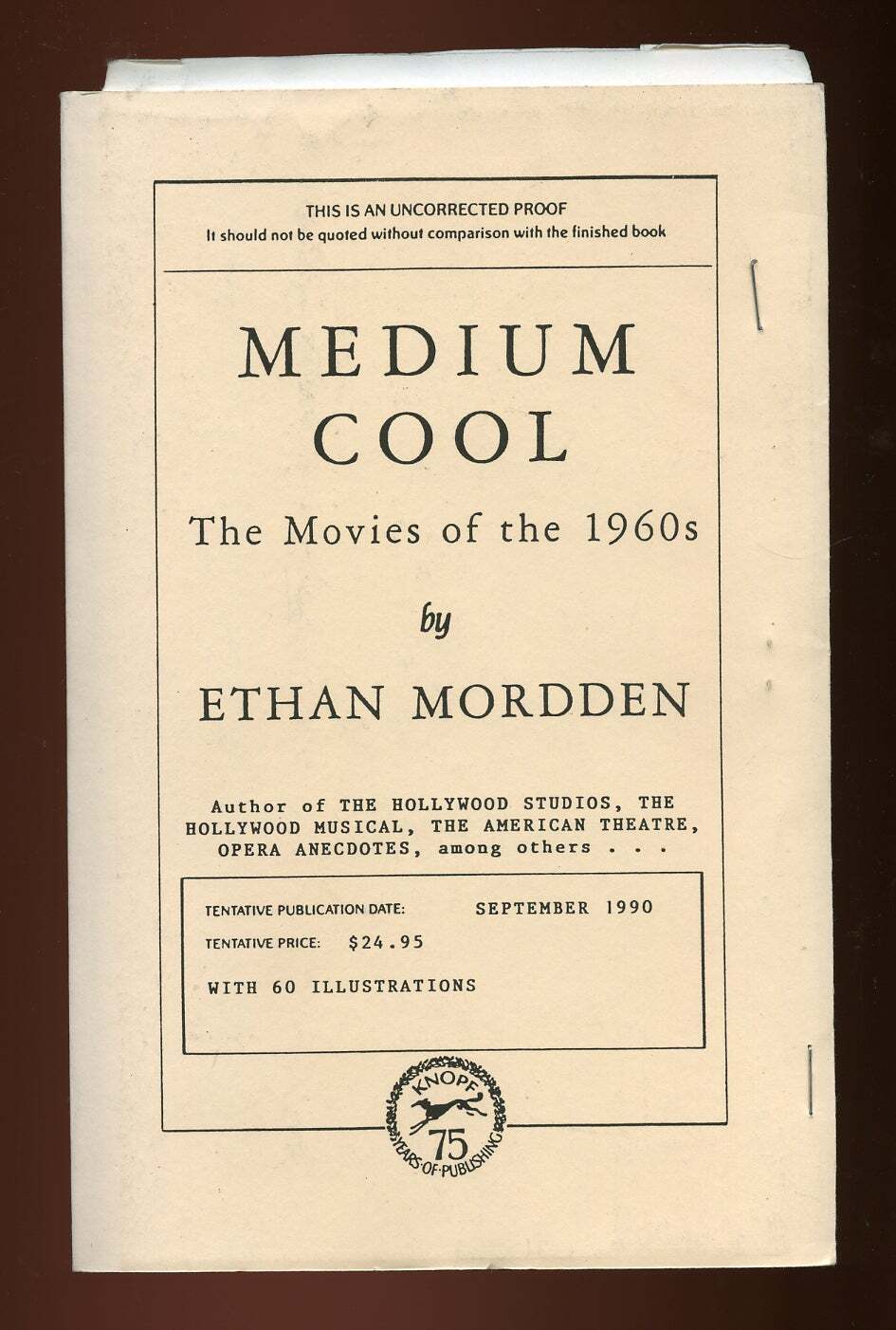 Ethan MORDDEN / Medium Cool Uncorrected Proof 1st 1990 | eBay
