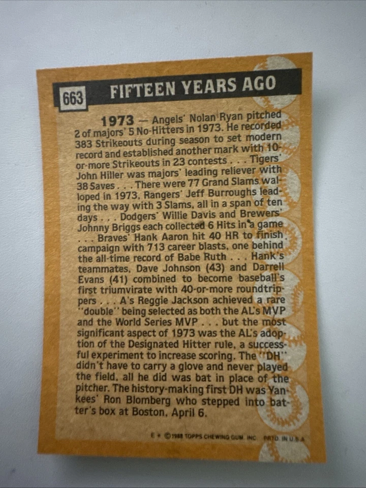 1988 Topps - Turn Back the Clock #663 Ron Blomberg - Image 2 of 2