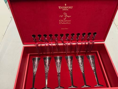 Waterford  12 Days of Christmas Champagne Flutes w/Chest  (First Six Days)