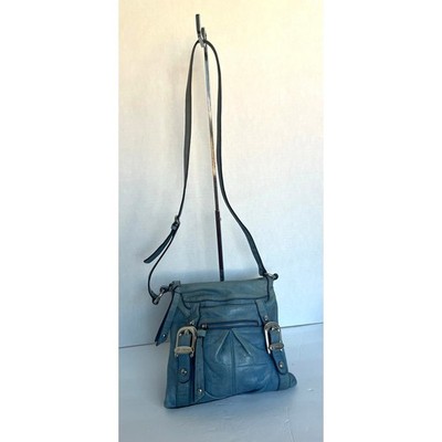 B. Makowsky Blue Leather Distressed Look Crossbody Shoulder Bag Purse