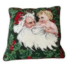 C&F Needlepoint Christmas Santa And Child Angel Accent Throw Pillow 12x12” VTG