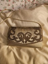 La Regale LTD Gold Brown Beaded Satin Clutch Bag Elegant Evening Purse Handbag