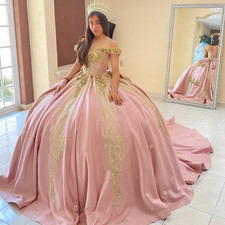Satin Quinceanera Dresses with Bow Gold Decals Sweet 15 16 Party Ball Gowns