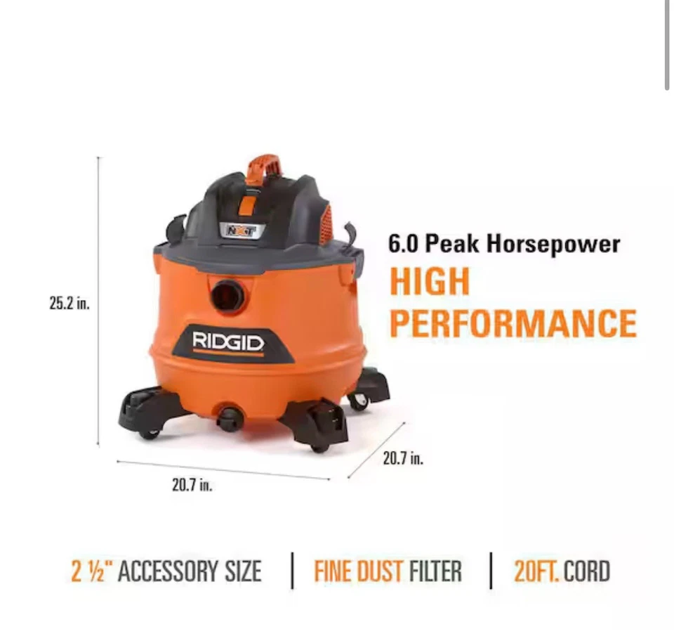 Ridgid 14 Gallon 6.0 Peak HP NXT Shop Vacuum Wet Dry Vac with Fine Dust Filter - Image 4 of 4