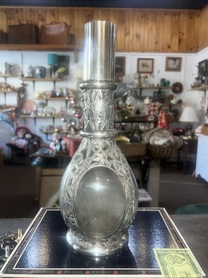 Antique 950 Silver Overlay 4 Chamber Liquor Bottle Decanter France Sterling Asia
