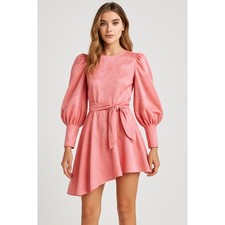 Vita Grace Pink Puff Sleeve Belted Mini Dress Women’s M Asymmetrical Hem Chic
