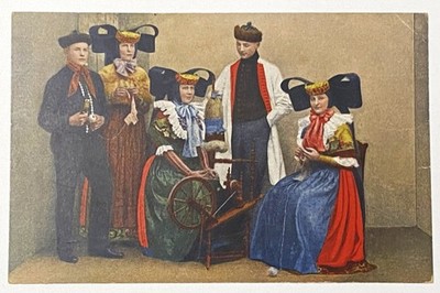 Antique Vtg Postcard Folk Costumes Schaumburg-Lippe Men Hats, Women Giant Bows