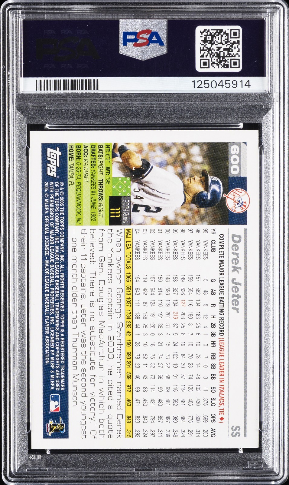 2005 TOPPS BLACK #600 DEREK JETER 17/54 PSA 8 view 2