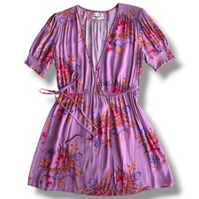 Urban Outfitters S Purple Pink Floral PuffSleeve Crepe Anna Wrap Mini Dress Boho