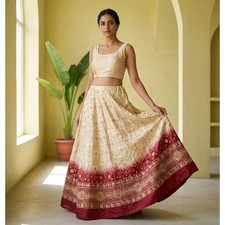 Sanskriti New Golden-Red Pure Silk Unstitched Lehenga Hand Embroidered Zardozi