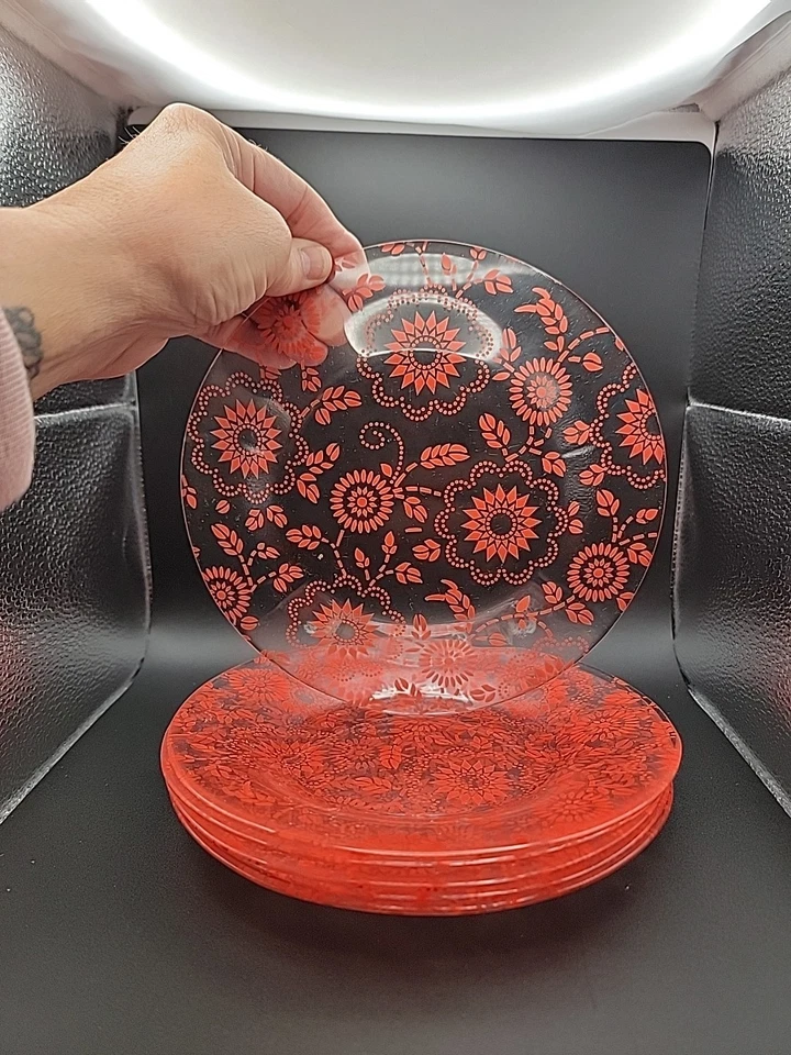 Lindo Juego de 6 Platos de Vidrio Kitchy 8x8 con Patrón Floral Rojo Brillante Sin Marca Foto 3 de 3