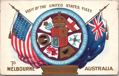 Vintage 1908 GREAT WHITE FLEET Embossed Postcard "MELBOURNE, AUSTRALIA" *Creased