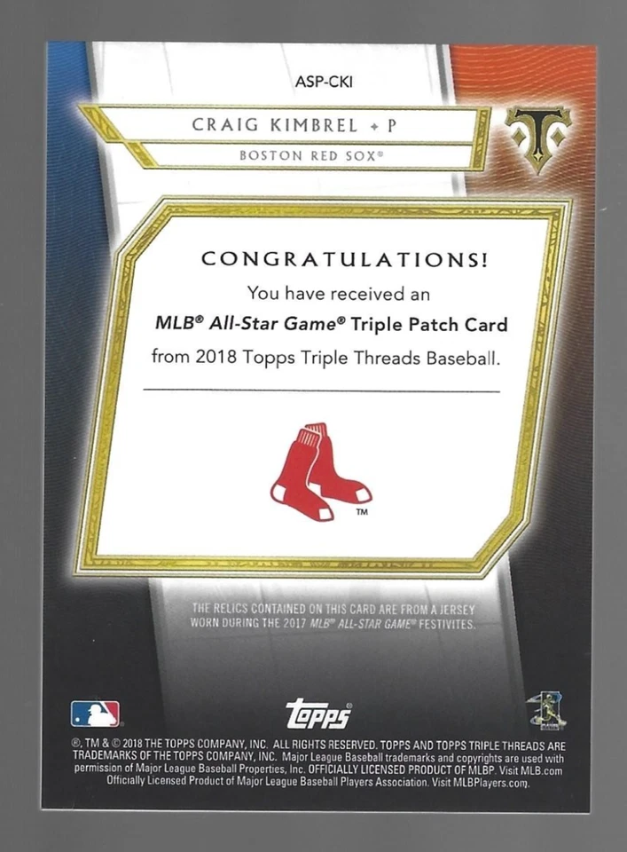 Craig Kimbrel 2018 Topps Triple Treads All Star Patches Triple Patch 1/9 💲 Foto 3 de 3